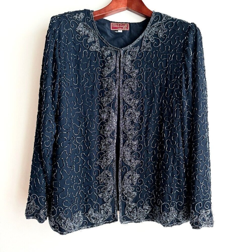 Vintage Navy Blue Fully Beaded Cocktail Red Carpet Jacket L